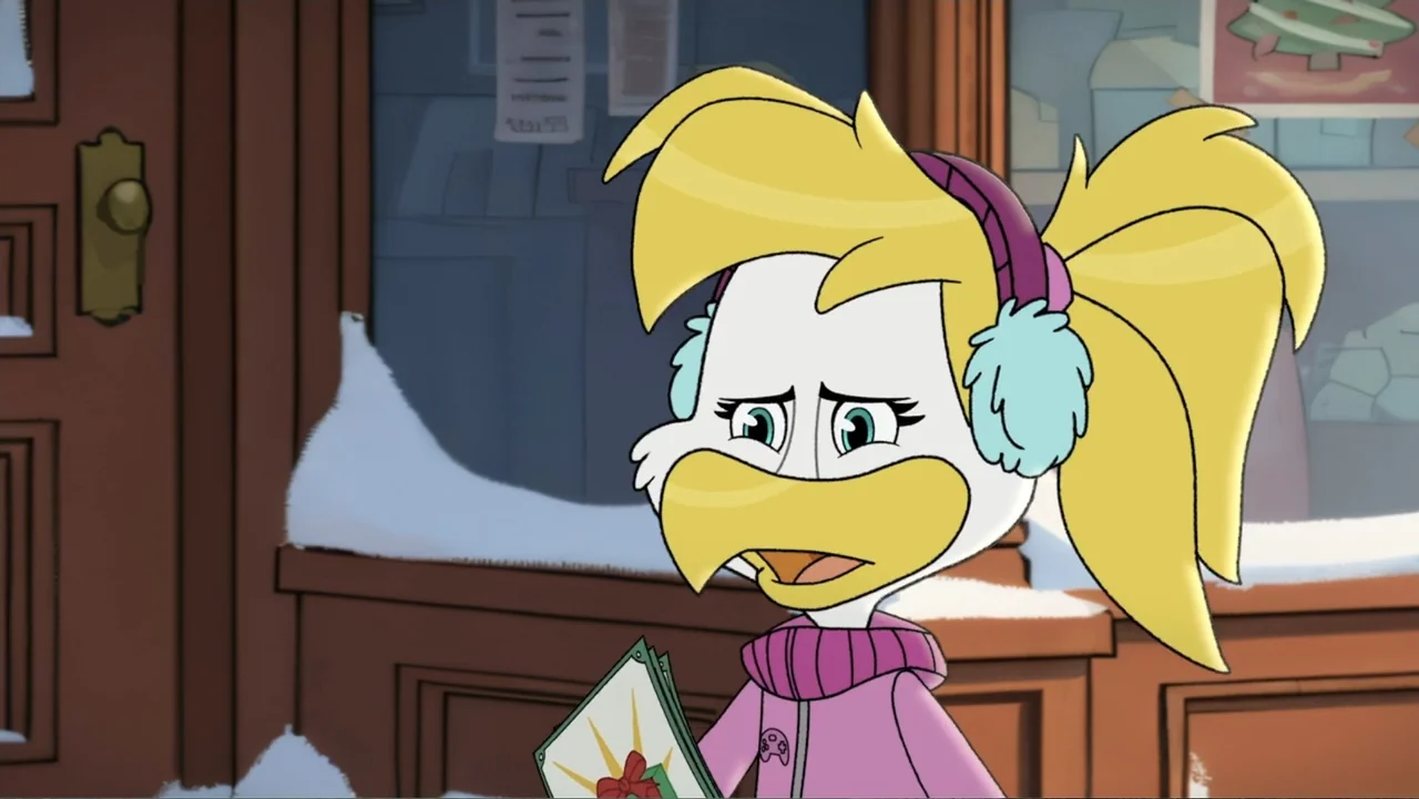 A Chuck E. Cheese Christmas (2025) movie still: medium — A cartoon storefront exterior with snow piled against the dark wood frame. An…