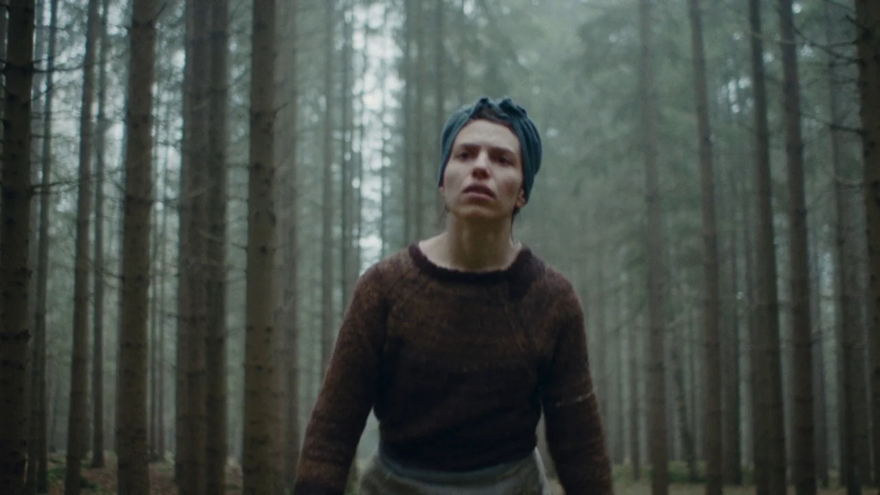 The Devil’s Bath (2024) movie still: medium — A dense forest of tall, thin pine trees with fog filling the background. A woman in a dark sweater…
