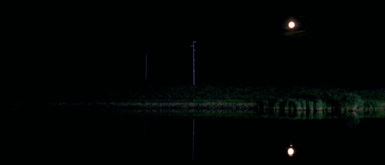Haute Tension (2003) movie still: establishing — A dark night landscape features a still body of water reflecting a moon. Utility poles stand on the…