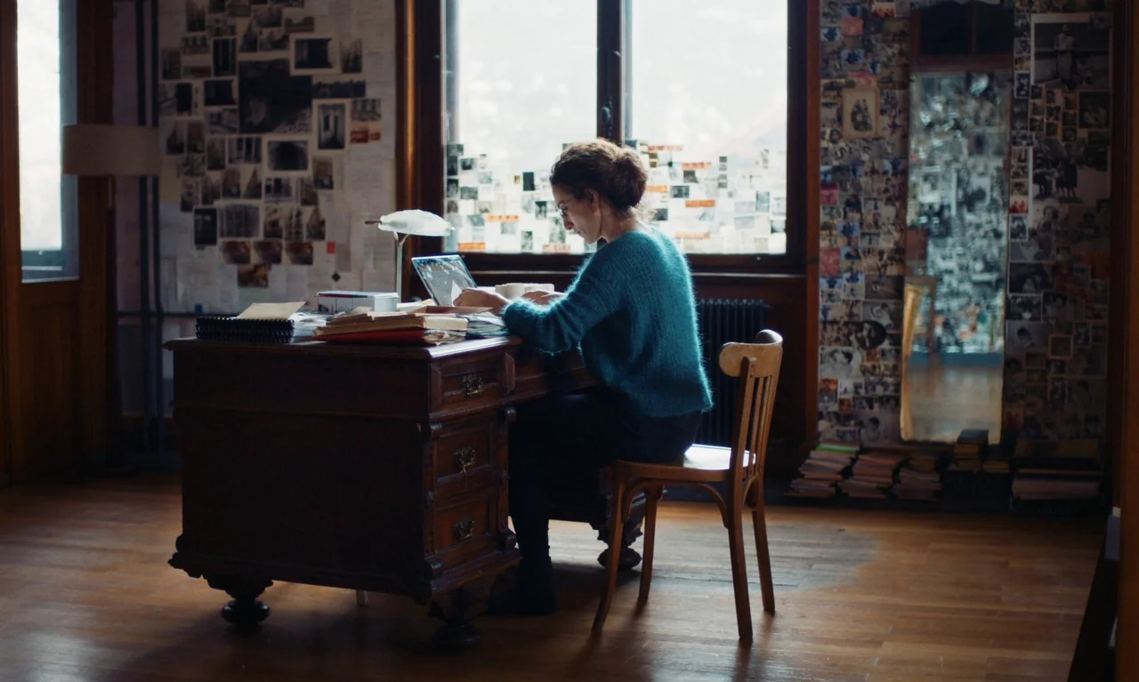 Little Girl Blue (2023) movie still: medium — A workspace features a heavy antique desk covered with books and papers near a window. A woman sits in…