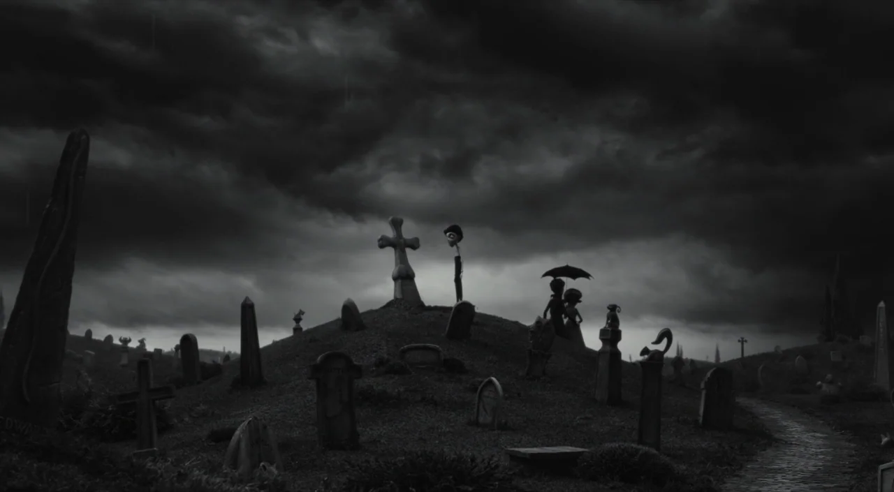 Frankenweenie (2012) movie still: wide — A grassy hill within a graveyard features many tombstones under a dark, cloudy sky. Several stylized…