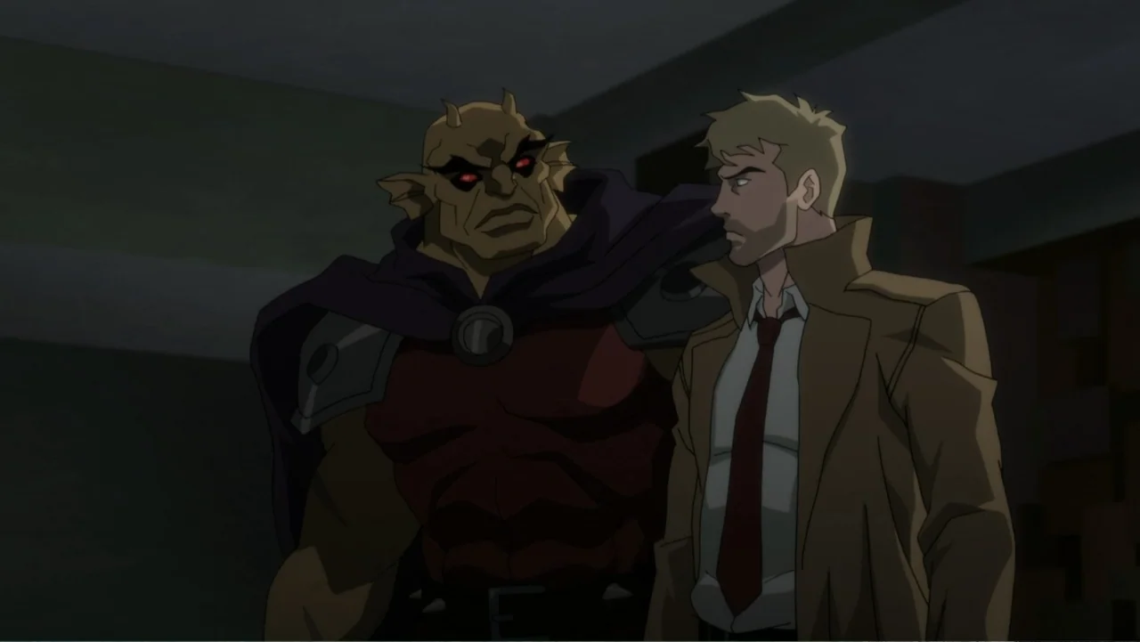 Justice League Dark: Apokolips War (2020) movie still: medium — A dark indoor space with minimal architectural detail visible behind two figures. A…