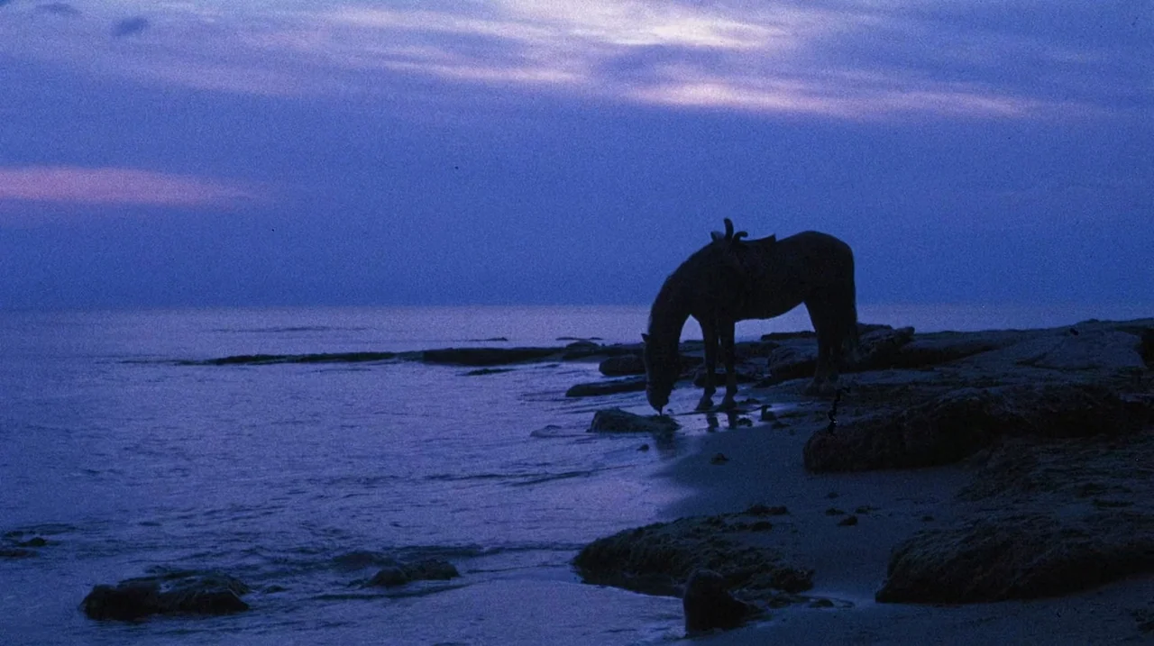The Whip and The Body (1963) movie still: wide — A dark, rocky shoreline stretches into a calm sea under a purple-tinted dusk sky. A saddled horse…