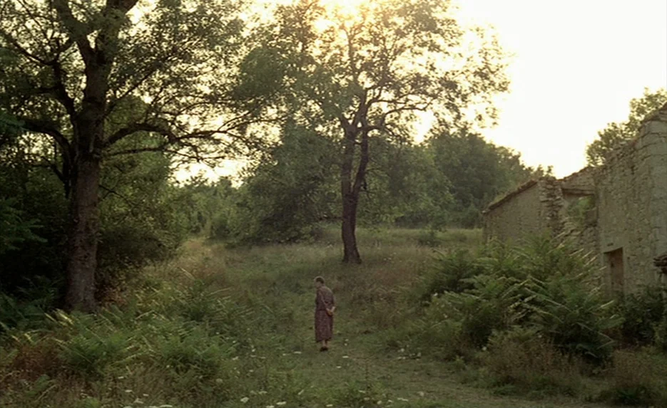 Lacombe, Lucien (1974) movie still: wide — An overgrown field contains tall grass, ferns, and mature trees near stone ruins. A woman stands alone in…