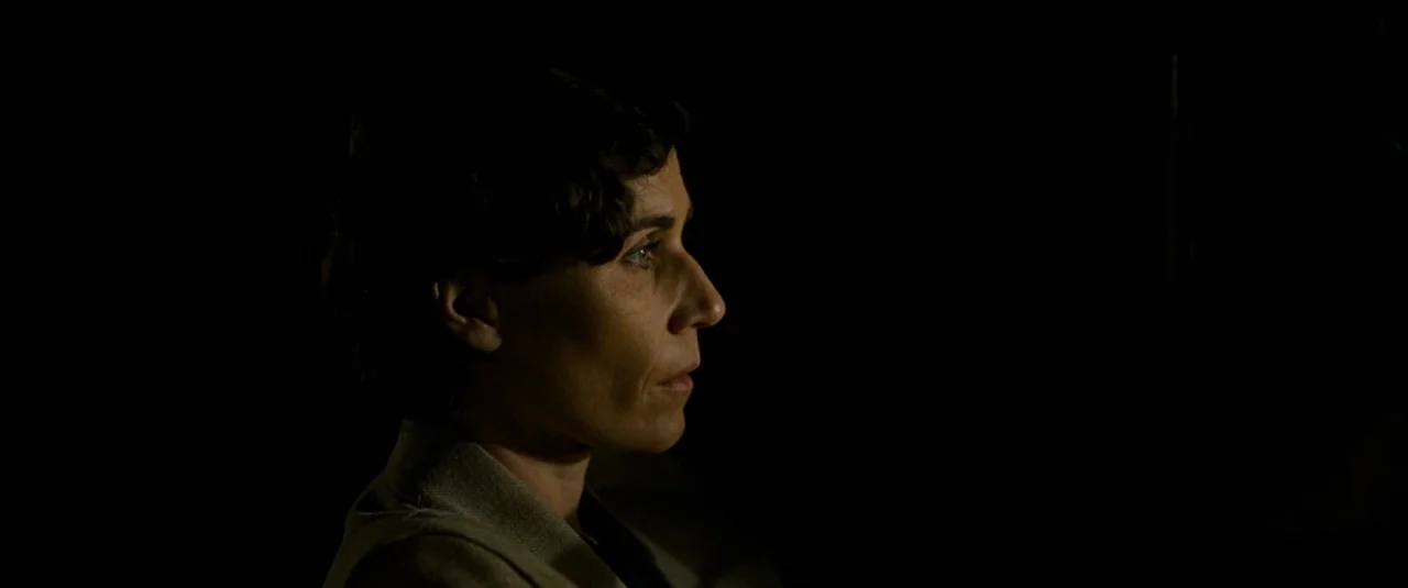 Phoenix (2014) movie still: closeup — The subject appears against a pitch-black background with no visible environmental details. The woman stands…