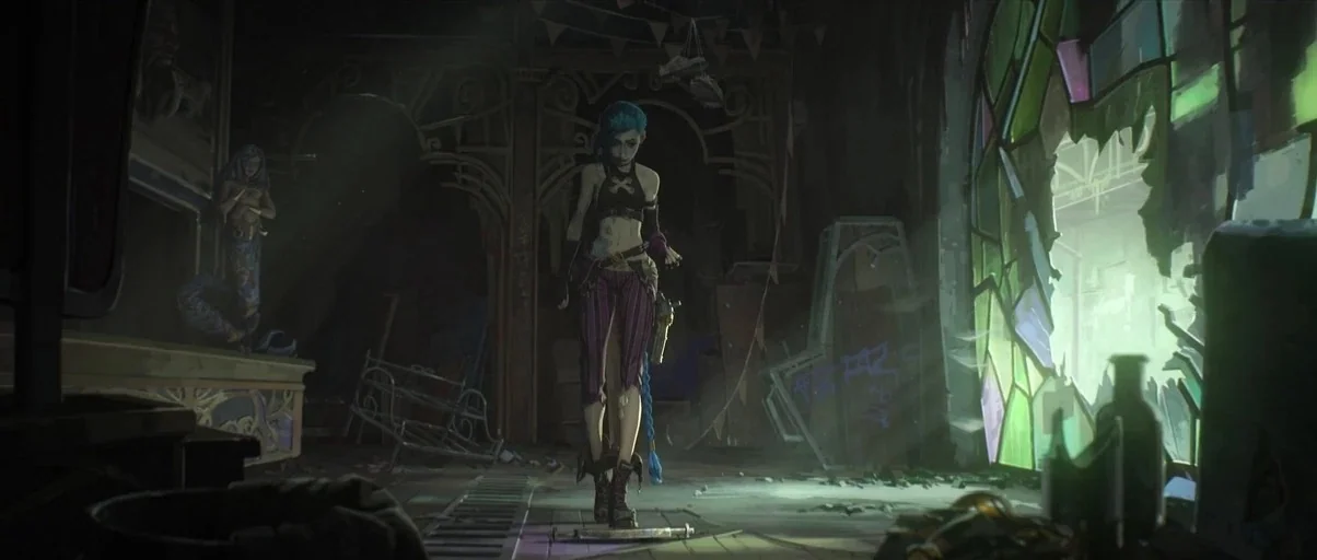 Arcane (2021) movie still: fullbody — A crumbling indoor space features cracked wood floors and remnants of arcade machinery. A slender young woman…
