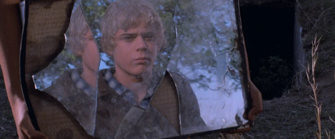 The Outsiders (1983) movie still: closeup — A cracked handheld mirror displays the reflection of a young blonde man outdoors. The mirror is held by…