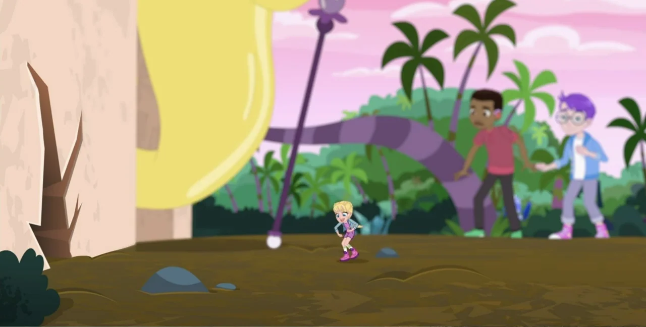 Polly Pocket Sparkle Cove Adventure (2023) movie still: wide — A clearing with dirt ground is surrounded by palm trees under a pink sky. A girl…
