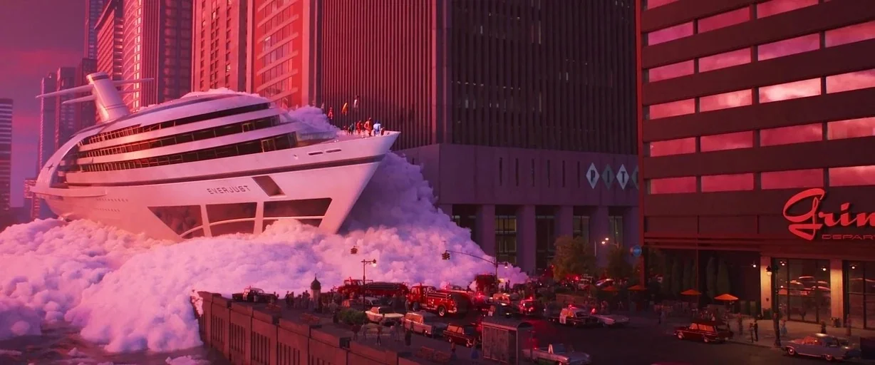Incredibles 2 (2018) movie still: wide — A massive white luxury cruise ship is wedged into a skyscraper in a dense city. Fire trucks and emergency…