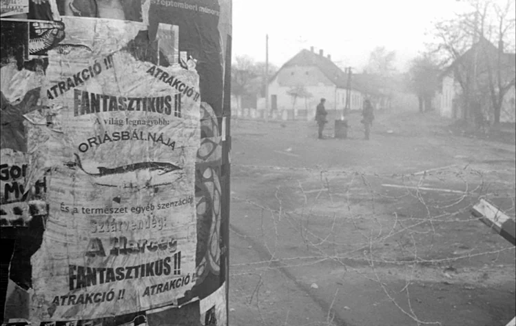 Werckmeister Harmonies (2000) movie still: wide — A desolate village street is covered in a thick layer of grey, pervasive mist. A tattered…