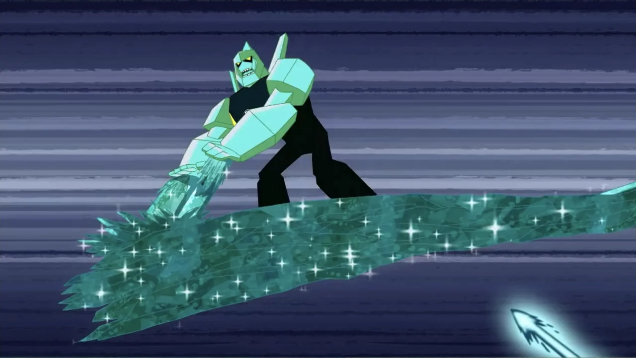 Ben 10 vs. the Universe: The Movie (2020) movie still: fullbody — A geometric, humanoid character surfs across a dark, abstract environment with…