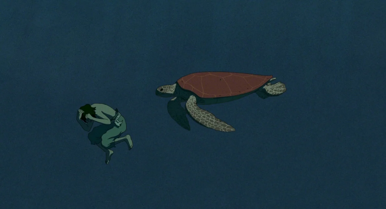 The Red Turtle (2016) movie still: wide — A dark blue ocean expanse shows a lone person drifting near a giant turtle. The man hangs suspended in the…