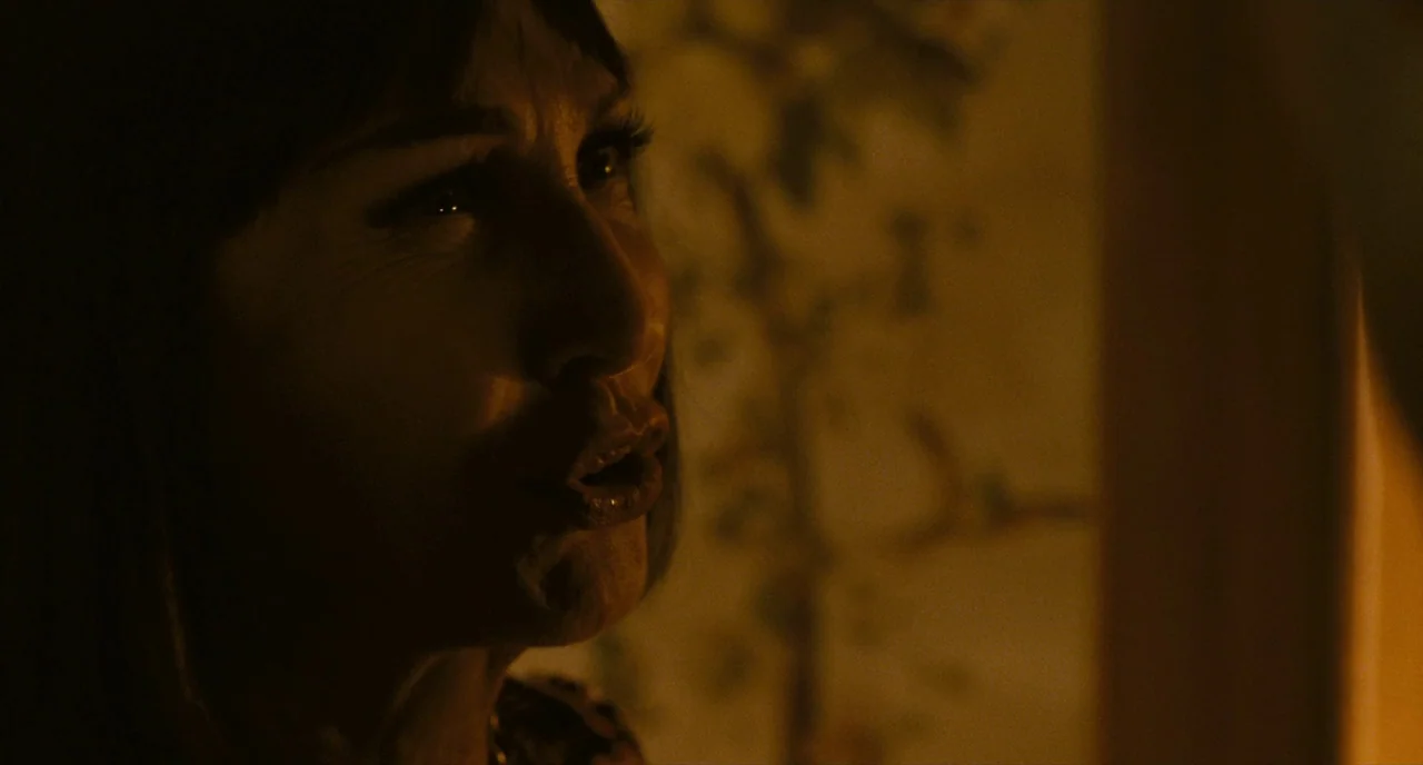 It’s Only The End Of The World (2016) movie still: closeup — A dimly lit room with warm amber tones provides an abstract background. A woman's face…