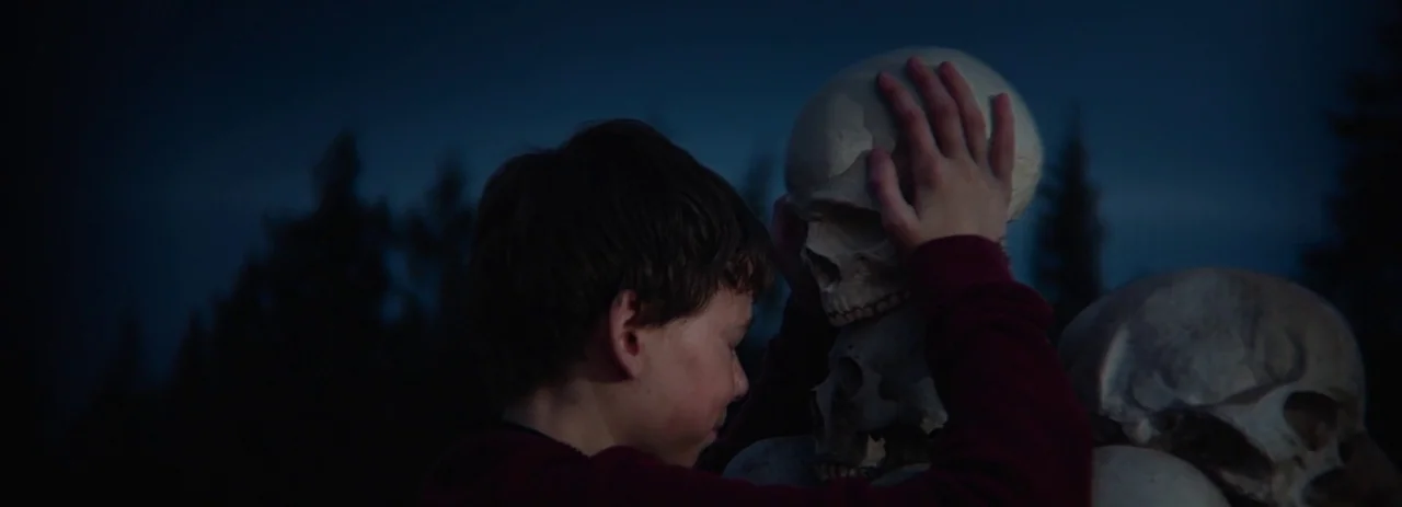 28 Years Later (2025) movie still: medium — A field at twilight features a dark treeline silhouette against a deep blue sky. A young boy in a red…