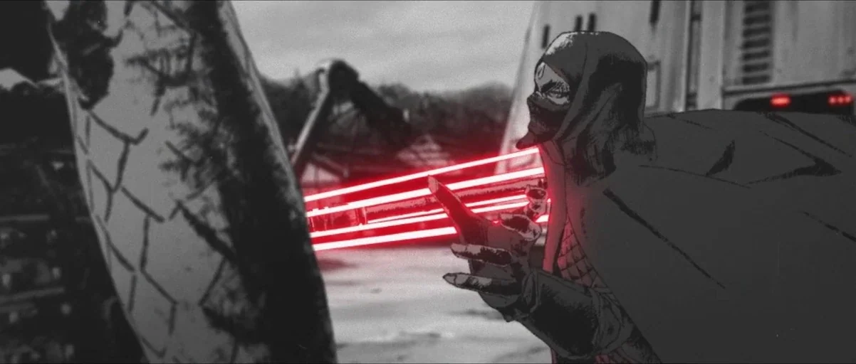 Star Wars: Visions (2021) movie still: medium — A stark industrial area with large metal machinery structures occupies the background. A hooded…