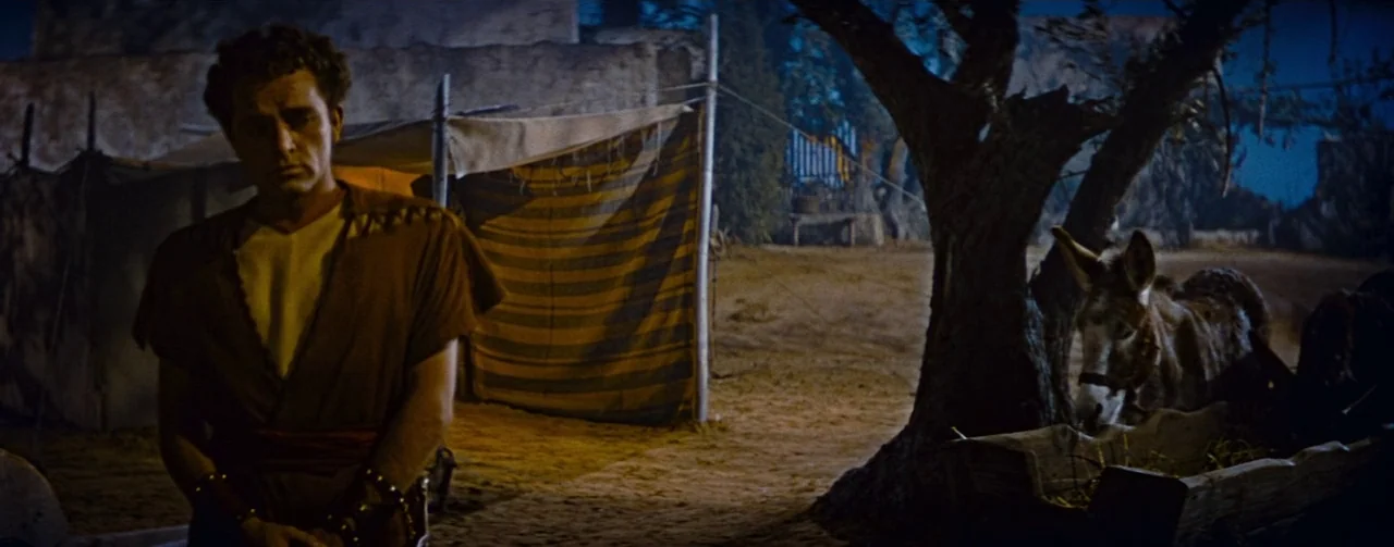 The Robe (1953) movie still: medium — An ancient encampment at night features a man standing before a striped fabric tent. A donkey is tethered…