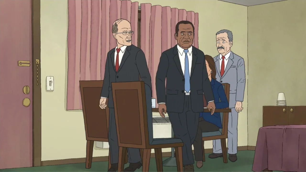 Beavis and Butt-Head Do the Universe (2022) movie still: fullbody — A plain interior room features pink curtains and dark wooden chairs. Four adults…