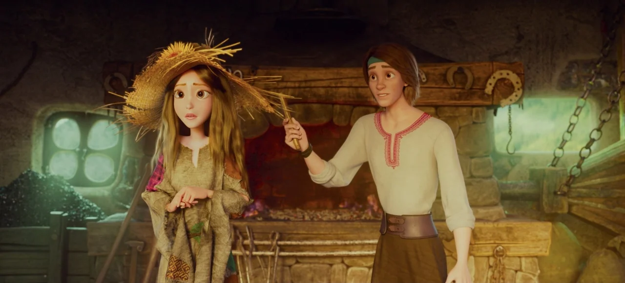 Mavka: The Forest Song (2023) movie still: medium — A stone room features a large built-in fireplace with horseshoes mounted on the mantle. A young…