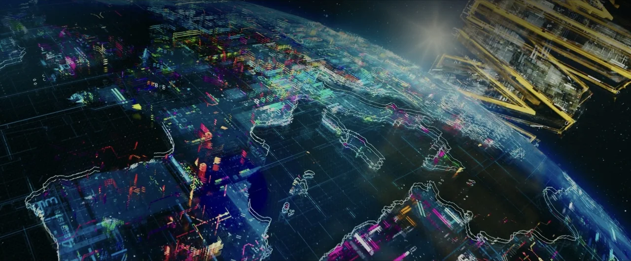 Pacific Rim: Uprising (2018) movie still: establishing — A digital representation of Earth floats in the dark void of outer space. Glowing neon data…