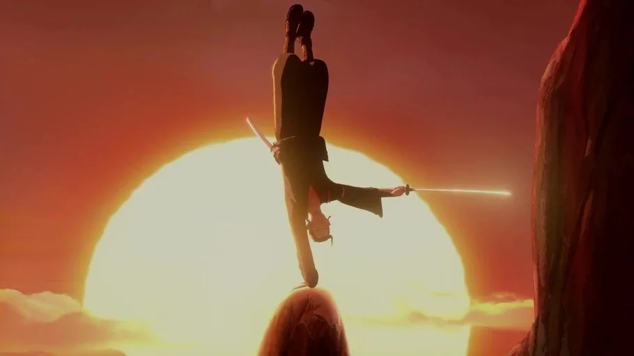 BLUE EYE SAMURAI (2023) movie still: wide — A high, jagged rock formation stands against a large, hazy setting sun. A person maintains a one-handed…