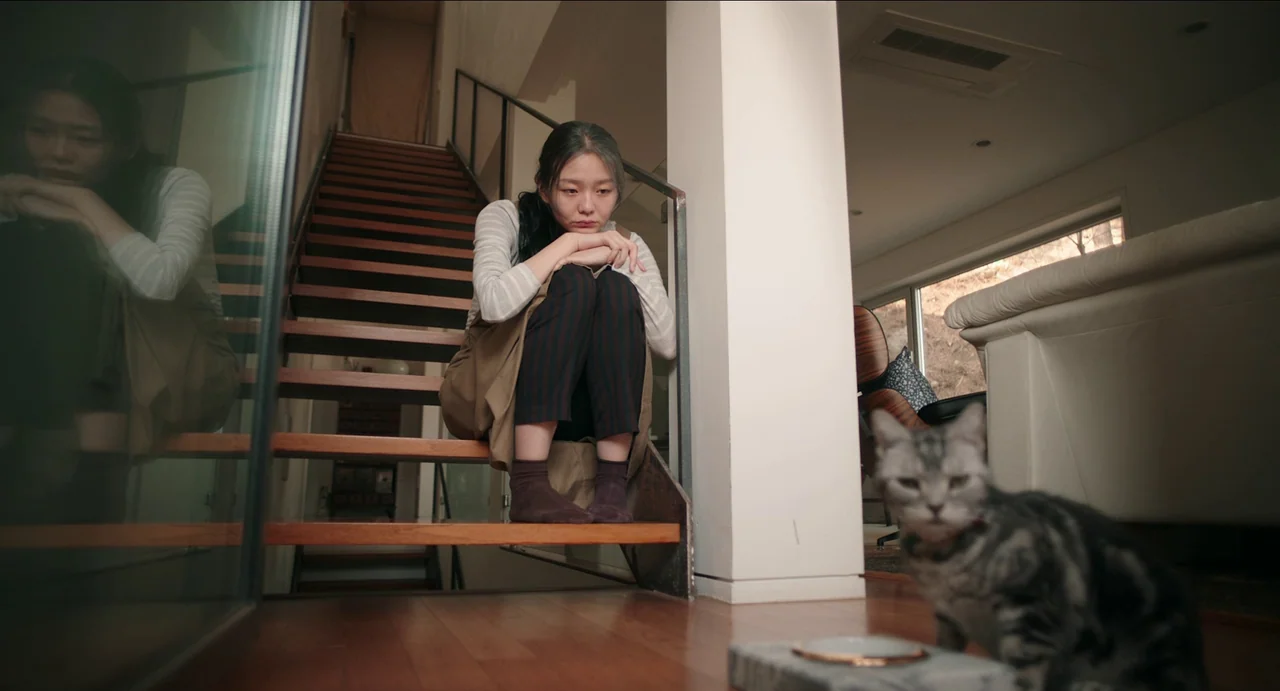 Microhabitat (2017) movie still: medium — A woman sits on a wooden staircase in a modern minimalist house. A small cat sits in the foreground…