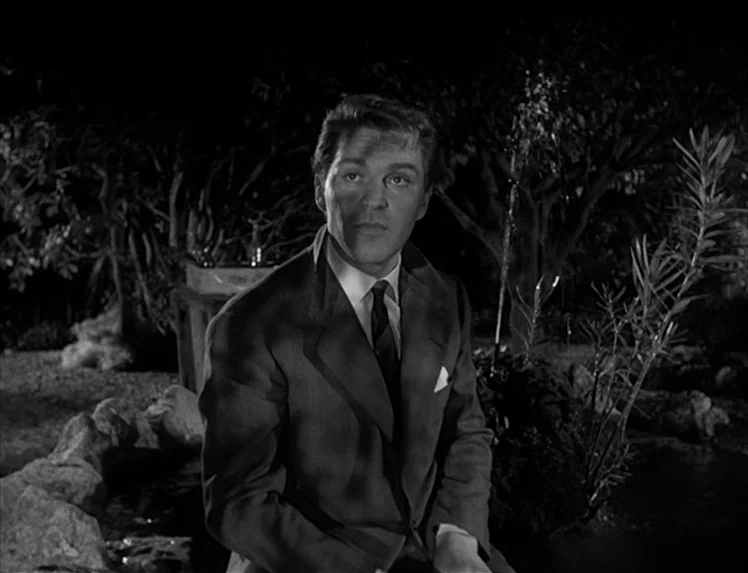 I Vitelloni (1953) movie still: medium — A nighttime outdoor space features dark dense foliage and a stone-lined water element. A man in a suit sits…