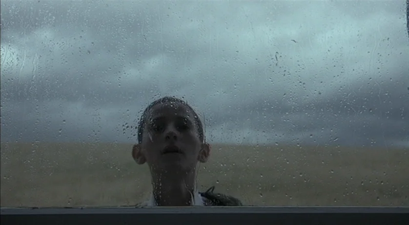Ratcatcher (1999) movie still: medium — A person viewed through a rain-streaked window pane with a blurred field behind. The subject stands outside…