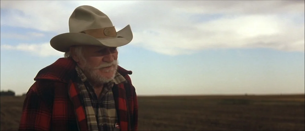 The Straight Story (1999) movie still: medium — An elderly man stands in a vast, harvested agricultural field under a cloudy sky. He wears a heavy…
