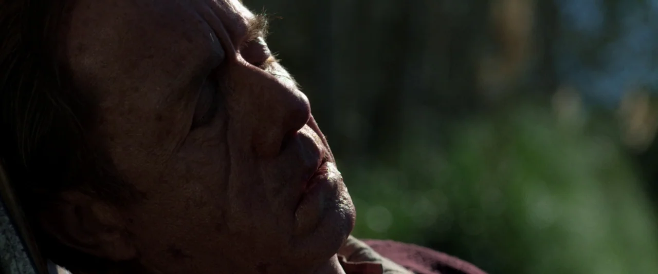 Pearl (2022) movie still: closeup — An outdoor setting with blurred green foliage visible in the out-of-focus background. An older man with…