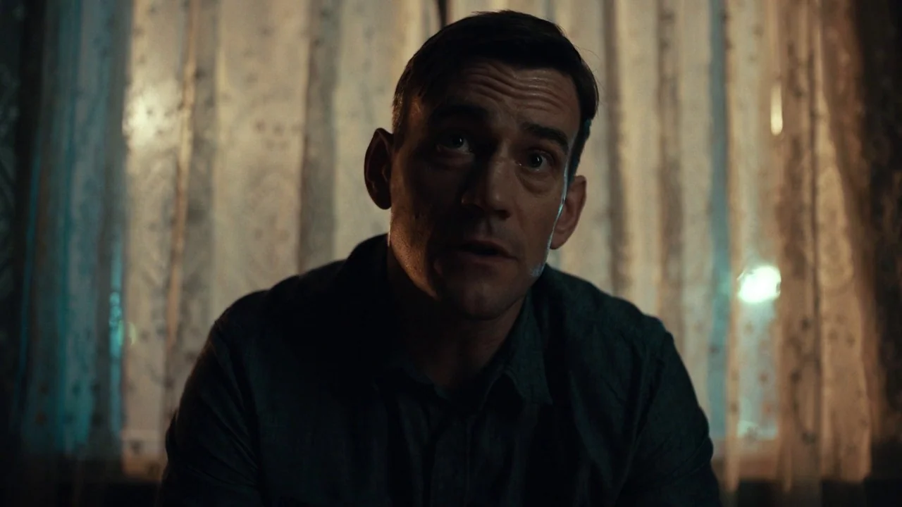 Girl on the Third Floor (2019) movie still: medium — An interior space features a man positioned in front of thin, textured white curtains. He faces…