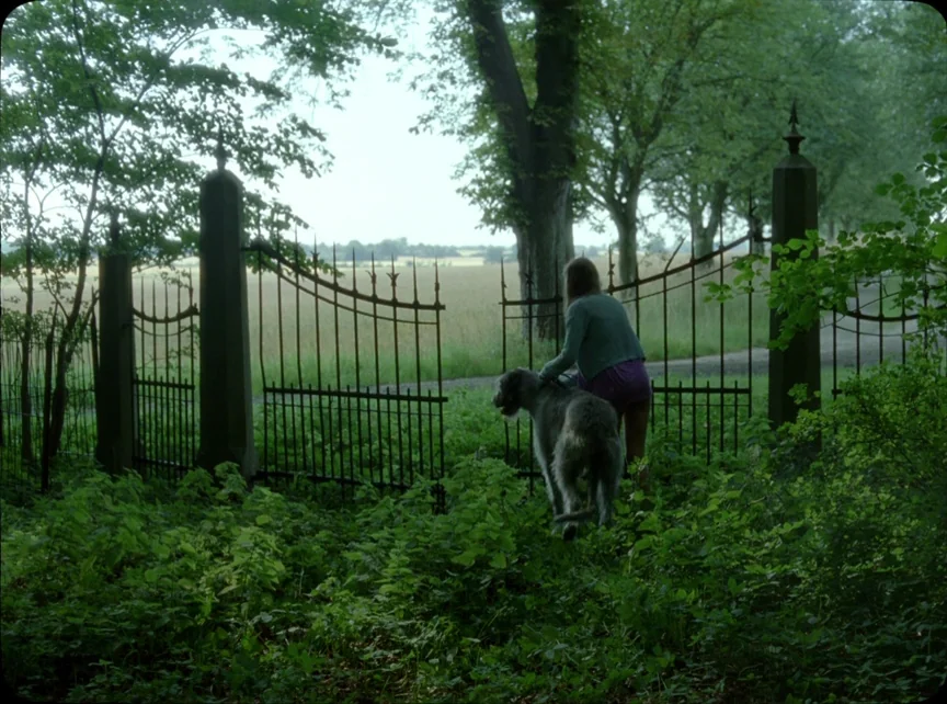 Jauja (2014) movie still: wide — A rural setting with an open black wrought iron gate flanked by stone pillars. A woman stands by the gate holding…