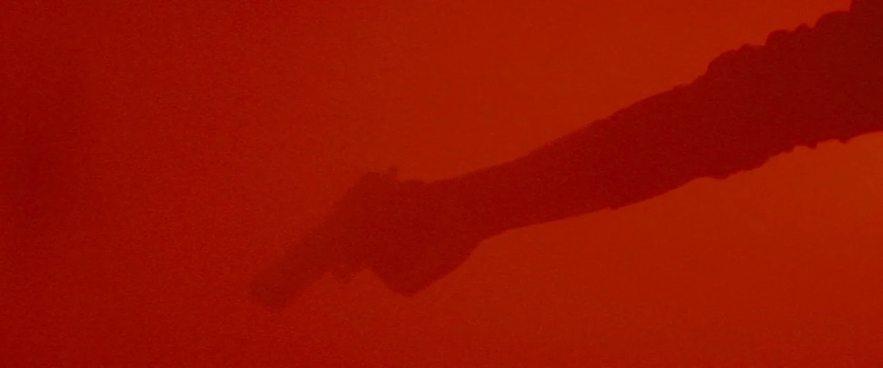 Don’t Breathe 2 (2021) movie still: closeup — A flat, solid red background fills the frame entirely. The shadow of an arm holding a pistol is…