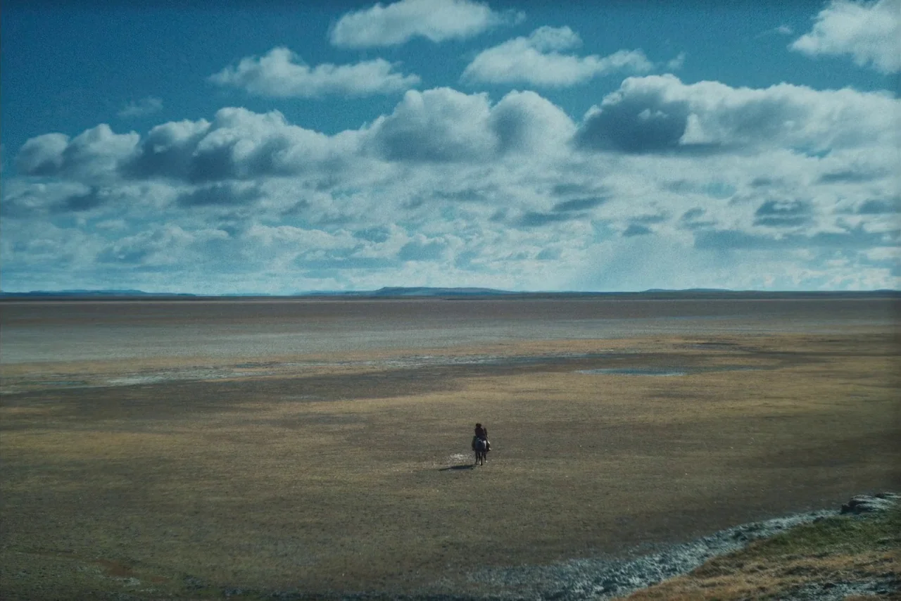 The Settlers (2023) movie still: wide — A vast, flat, brown landscape stretches toward distant hills under a large clouded sky. A solitary figure on…