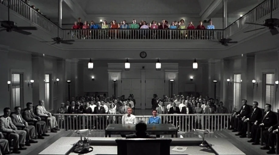 Pleasantville (1998) movie still: wide — A wide interior view of a symmetrical, tiered legal chamber filled with many observers. Spectators sit in…