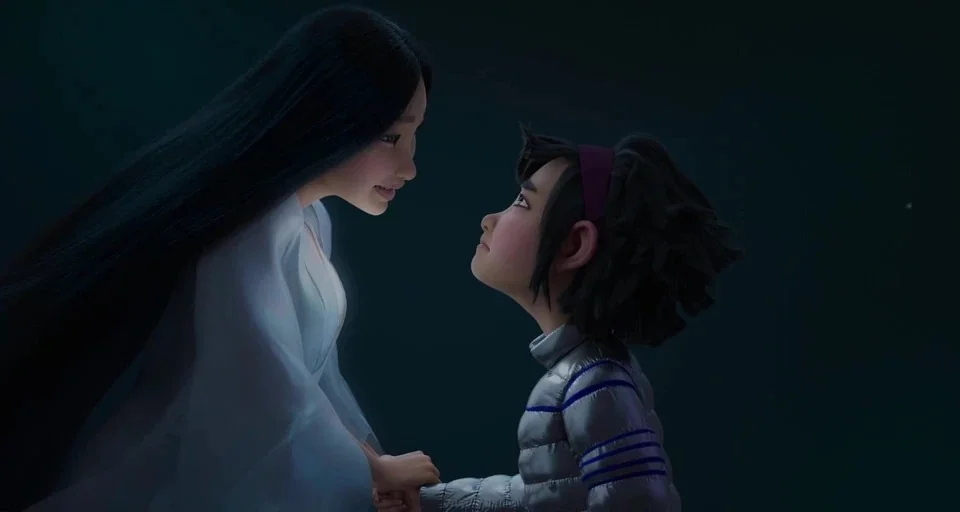 Over the Moon (2020) movie still: medium — Two figures stand in an dark, empty, and undefined space. A woman in white faces a small boy in a silver…