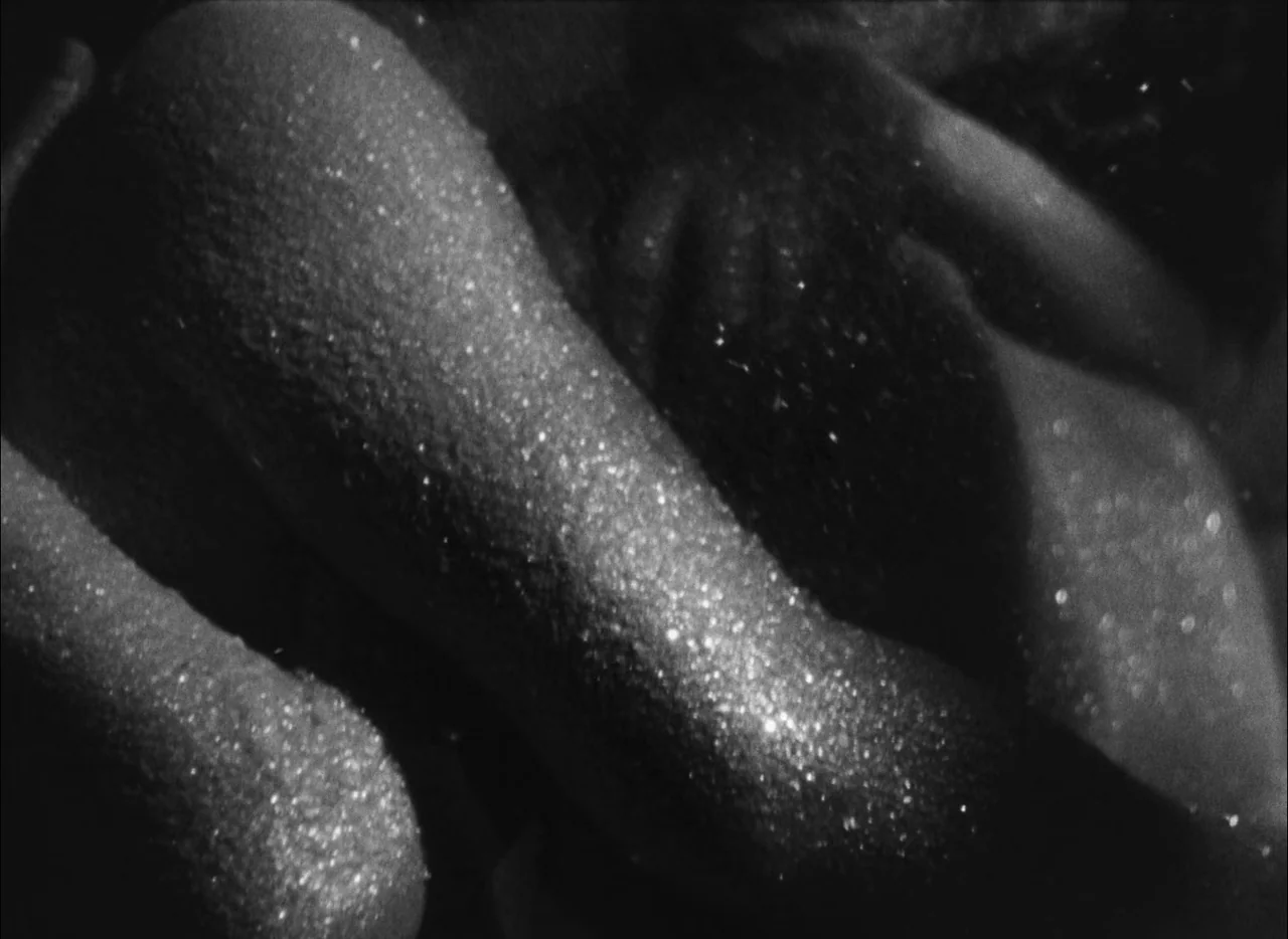 Hiroshima Mon Amour (1959) movie still: closeup — An abstract, dark, granular surface covered in shimmering reflective particles. Light hits the…