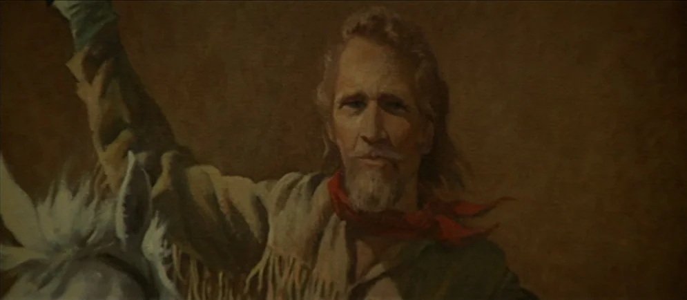 Buffalo Bill and the Indians, or Sitting Bull’s History Lesson (1976) movie still: closeup — A man depicted in an oil painting style against a plain…