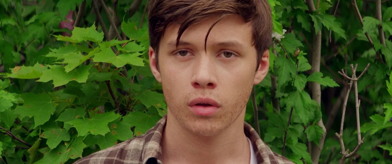 Kings Of Summer (2013) movie still: closeup — A young man stands centered against a dense background of green maple-like leaves. He looks toward the…