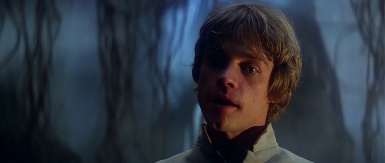 The Empire Strikes Back (1980) movie still: closeup — A dark swamp environment features hanging vines and muted colors in the background. A young…