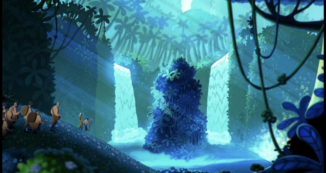 Curious George (2006) movie still: wide — A lush tropical valley features twin waterfalls flanking a mossy central rock formation. A small group of…