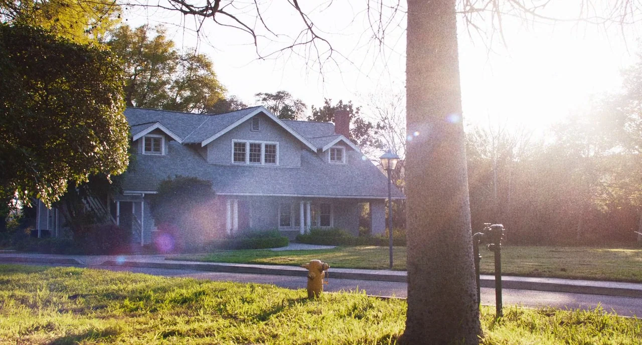 3 From Hell (2019) movie still: wide — A suburban residential property features a gray shingle house set back from the street. A large tree trunk…