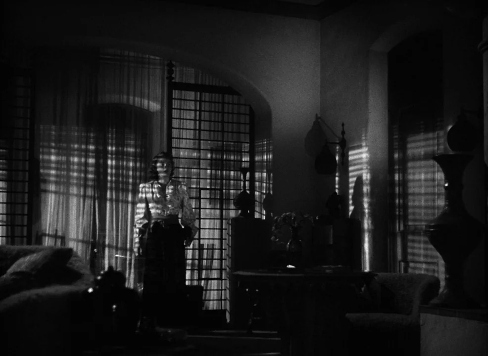 Casablanca (1942) movie still: fullbody — A dark, shadows-filled room features arched doorways and slatted window coverings. A woman stands in the…