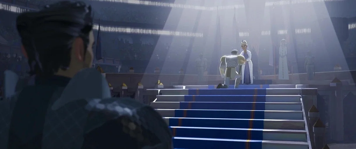 Nimona (2023) movie still: medium — An outdoor arena features a grand blue carpet leading up stone steps to a platform. A kneeling knight receives…