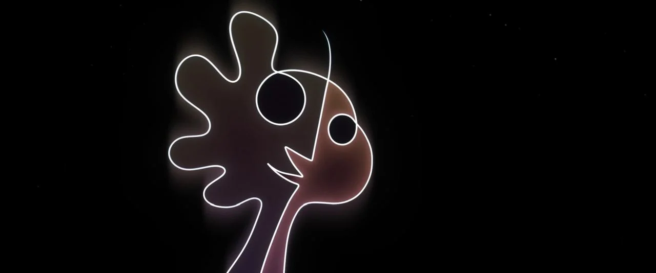 Soul (2020) movie still: closeup — An abstract, fluid-line character silhouette floats within a deep black, empty expanse. The figure is defined…