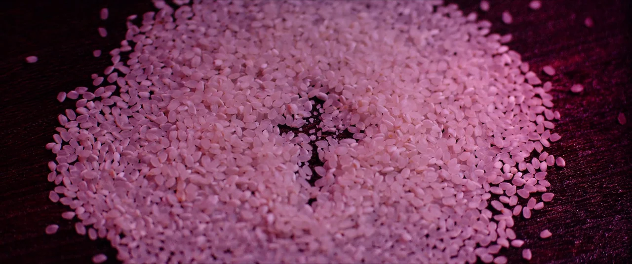 The Divine Fury (2019) movie still: closeup — A pile of raw white rice grains rests on a dark wooden surface. The grains are scattered in a loose,…
