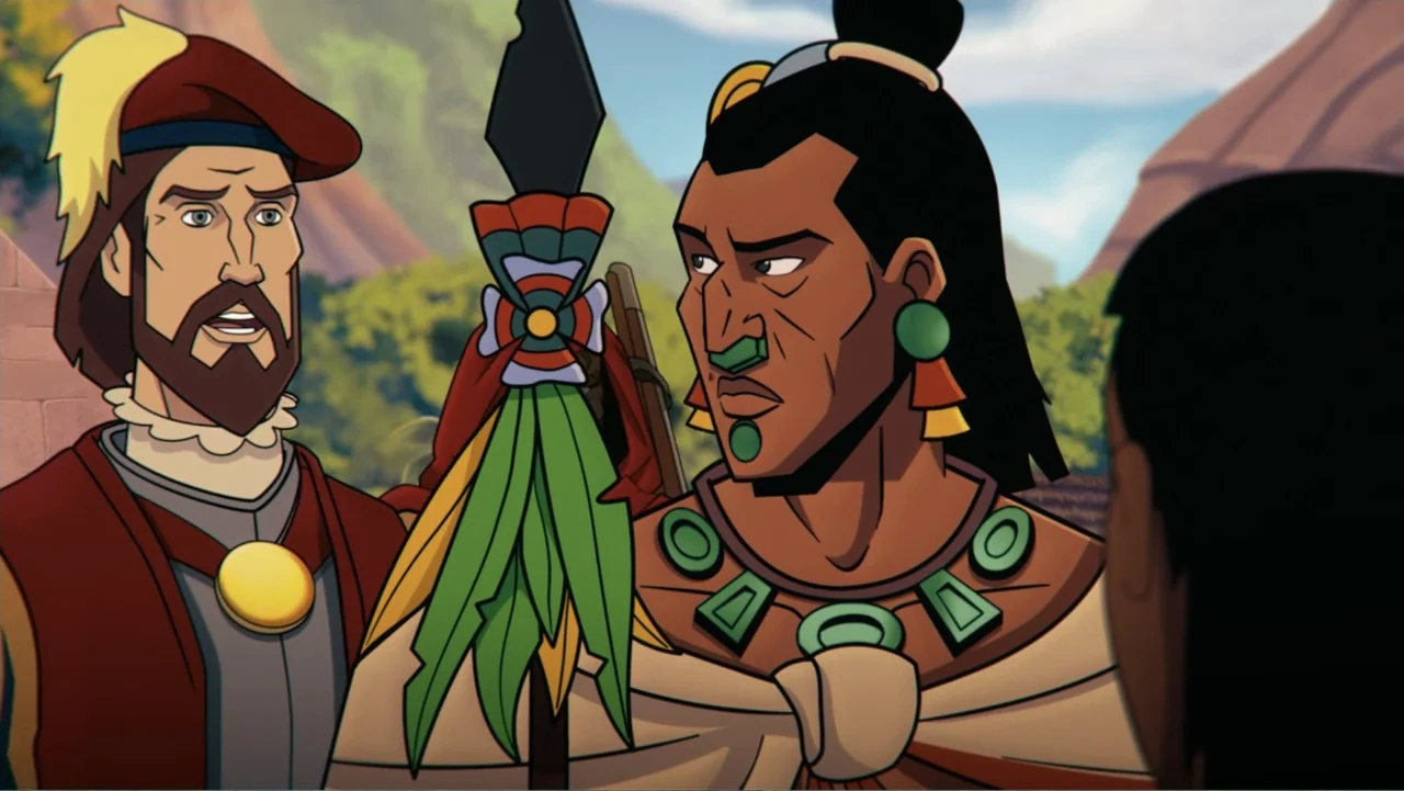 Aztec Batman: Clash of Empires (2025) movie still: medium — A lush outdoor environment with dense green foliage and rocky hills behind the subjects.…