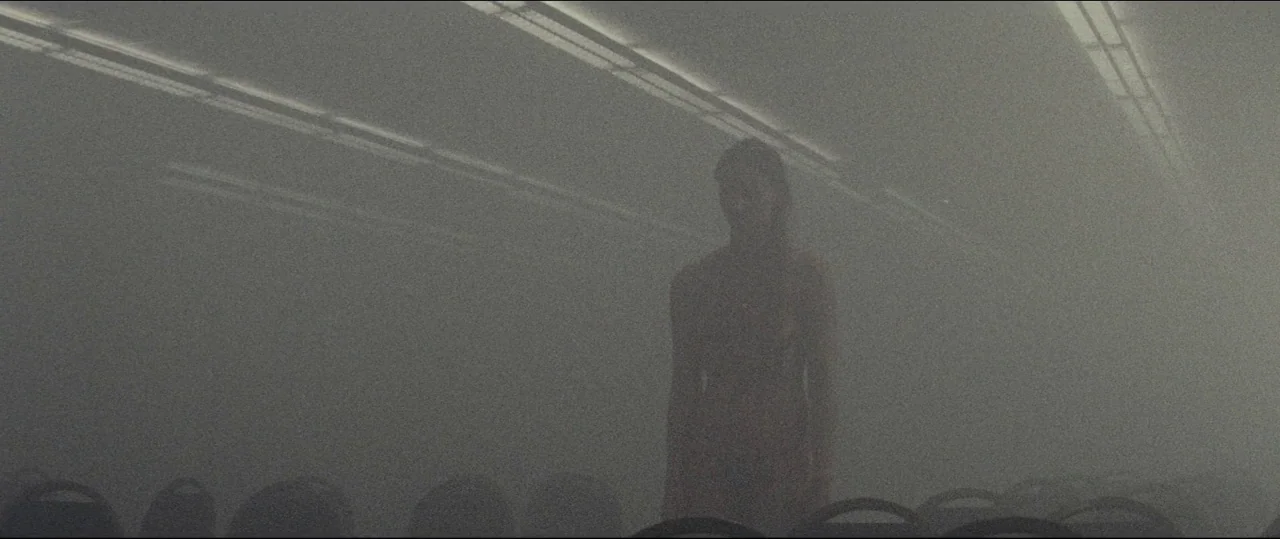 Luz (2018) movie still: medium — A dark airplane cabin is filled with thick, low-lying fog that obscures the interior. A single figure stands in the…