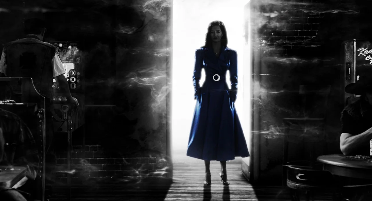 Sin City: A Dame to Kill For (2014) movie still: fullbody — A dark tavern interior is filled with swirling smoke and deep shadows. A woman in a blue…