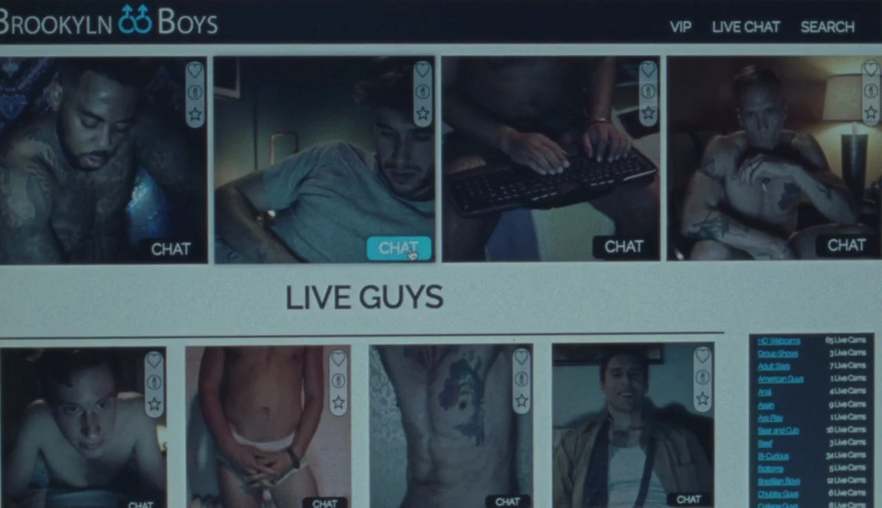 Beach Rats (2017) movie still: establishing — A computer browser interface displaying a grid of thumbnail images on a website. The screen features…