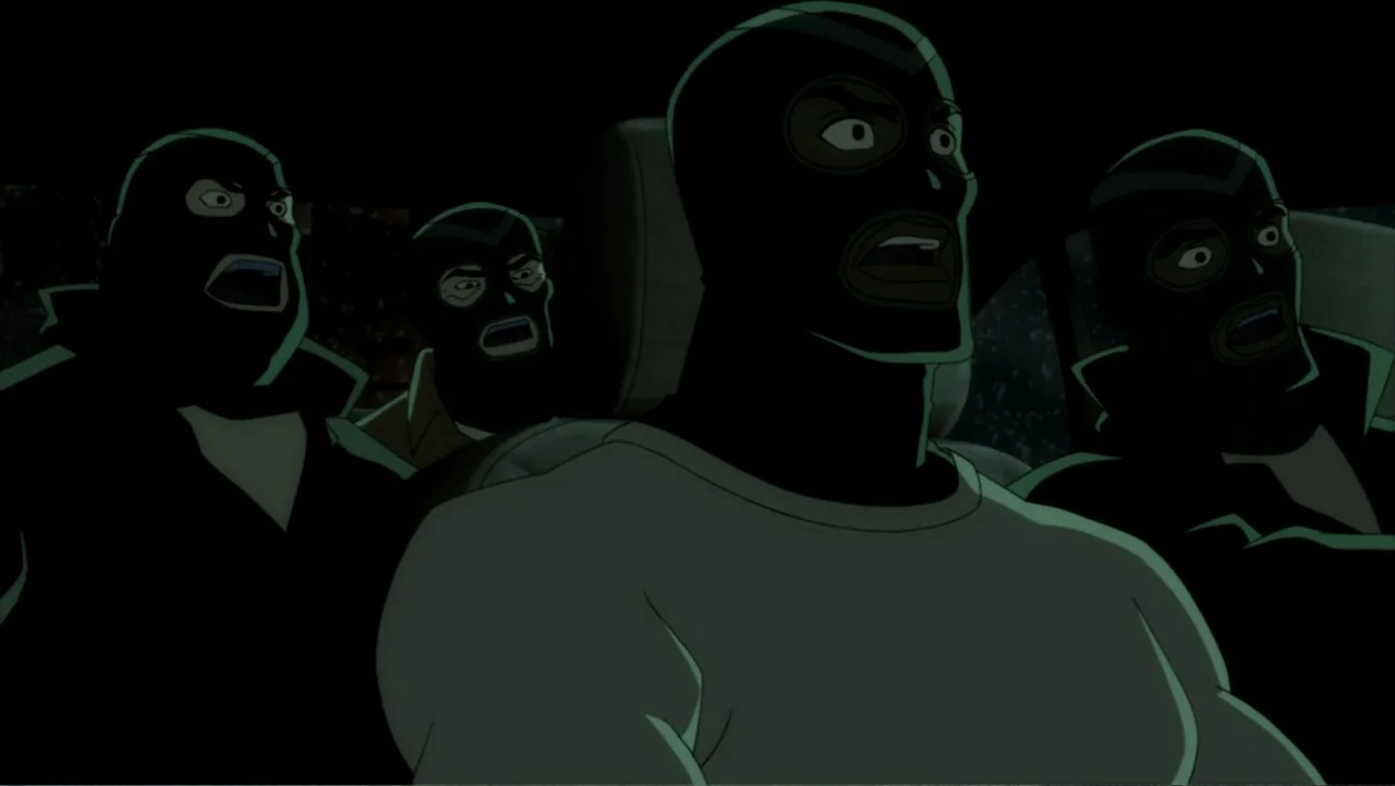 Batman: The Dark Knight Returns, Part 1 (2012) movie still: medium — Inside a dark vehicle at night, four individuals wear tight black balaclava…